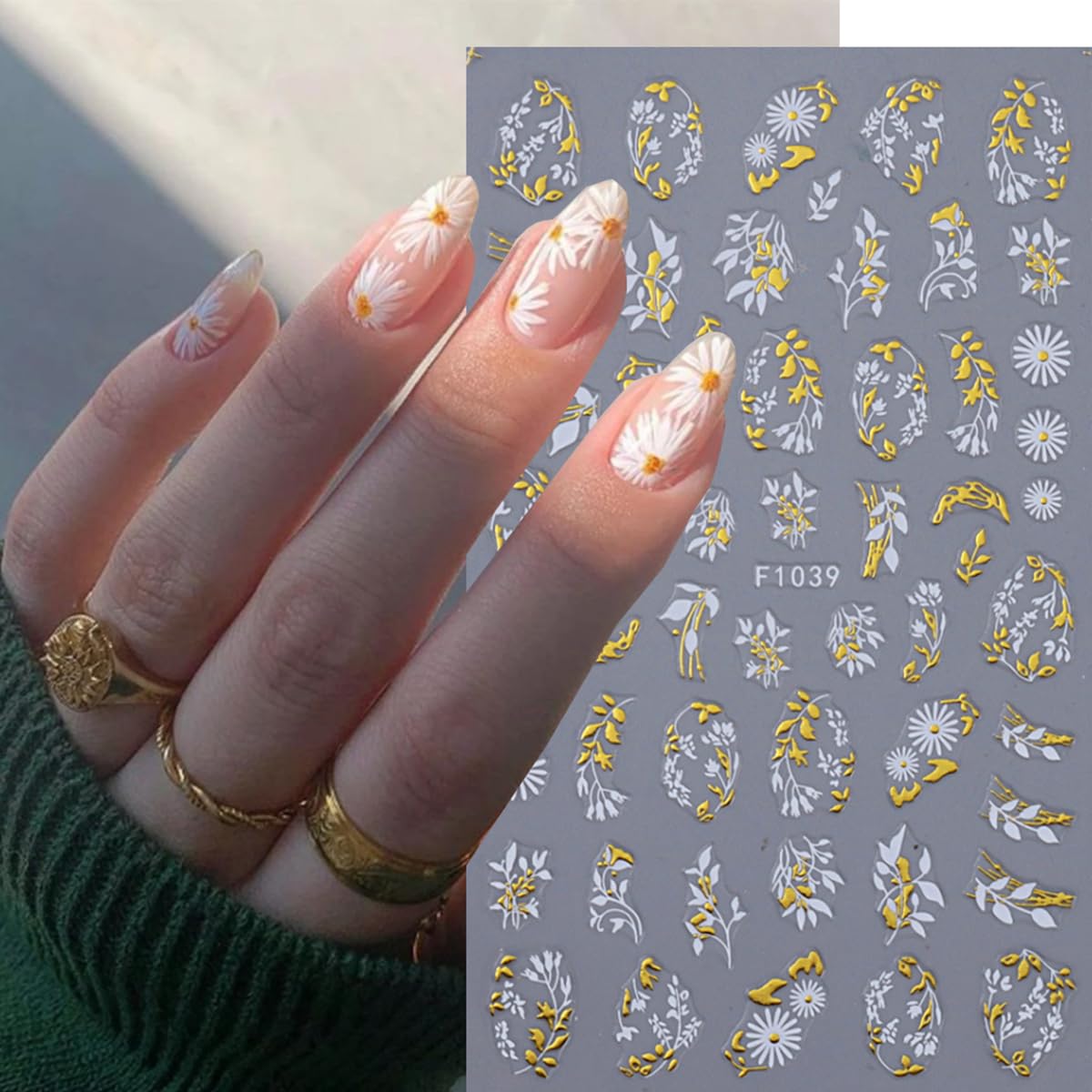 Gold Flowers Nail Stickers for Nail Art, 8Pcs Butterfly Daisy Leaves Design White Gold Nail Art Stickers 3D Self-Adhesive Nail Supplies Metal Petal Nail Decals for Women Nail Decorations Charms