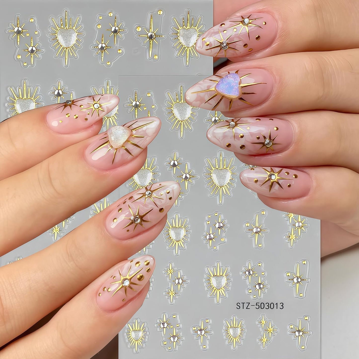 6 Sheets Star Nail Stickers for Nail Art, Shiny Crystal Diamond Stars Heart Silver Gold Self-Adhesive Nail Art Stickers Decals Design Everyday Salon Nail Art DIY Decoration Supplies for Women