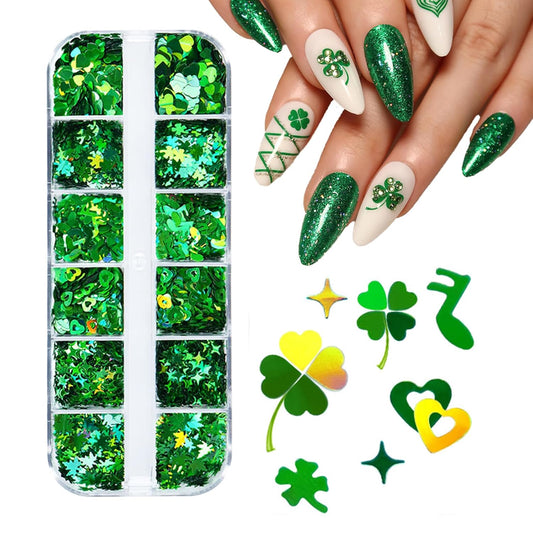St.Patrick's Day Nail Art Glitter Sequins 3D Holographic Laser Green Hearts Stars Leaves Clovers Musical Nail Acrylic Stickers Spring Shiny Flakes Nail Supplies for Women Girls Nail Decoration 12Grids