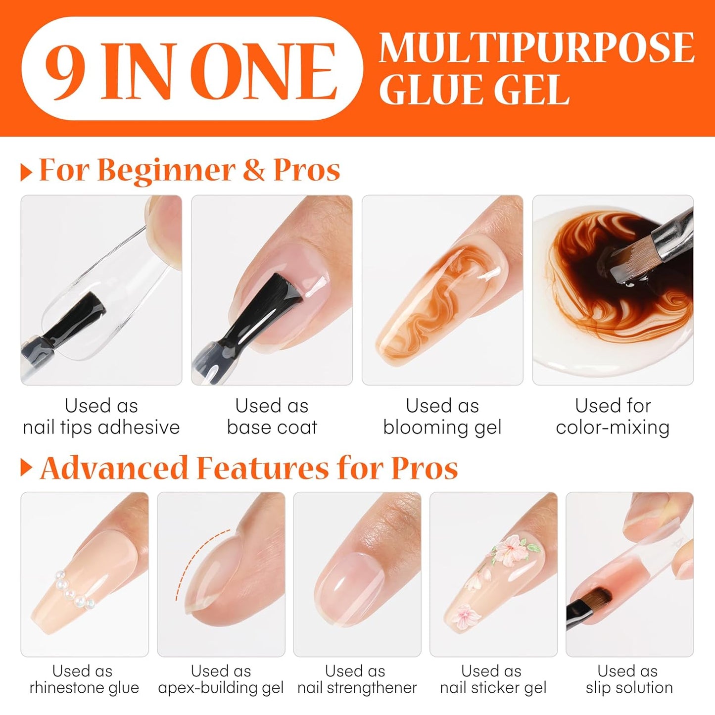 9 in One Nail Glue Gel for Acrylic Nail Tips, Super Strong Long-lasting, Curing Needed U V Extension Glue for Clear Fake Nail Tips, Press ons, Base Gel, 15ml