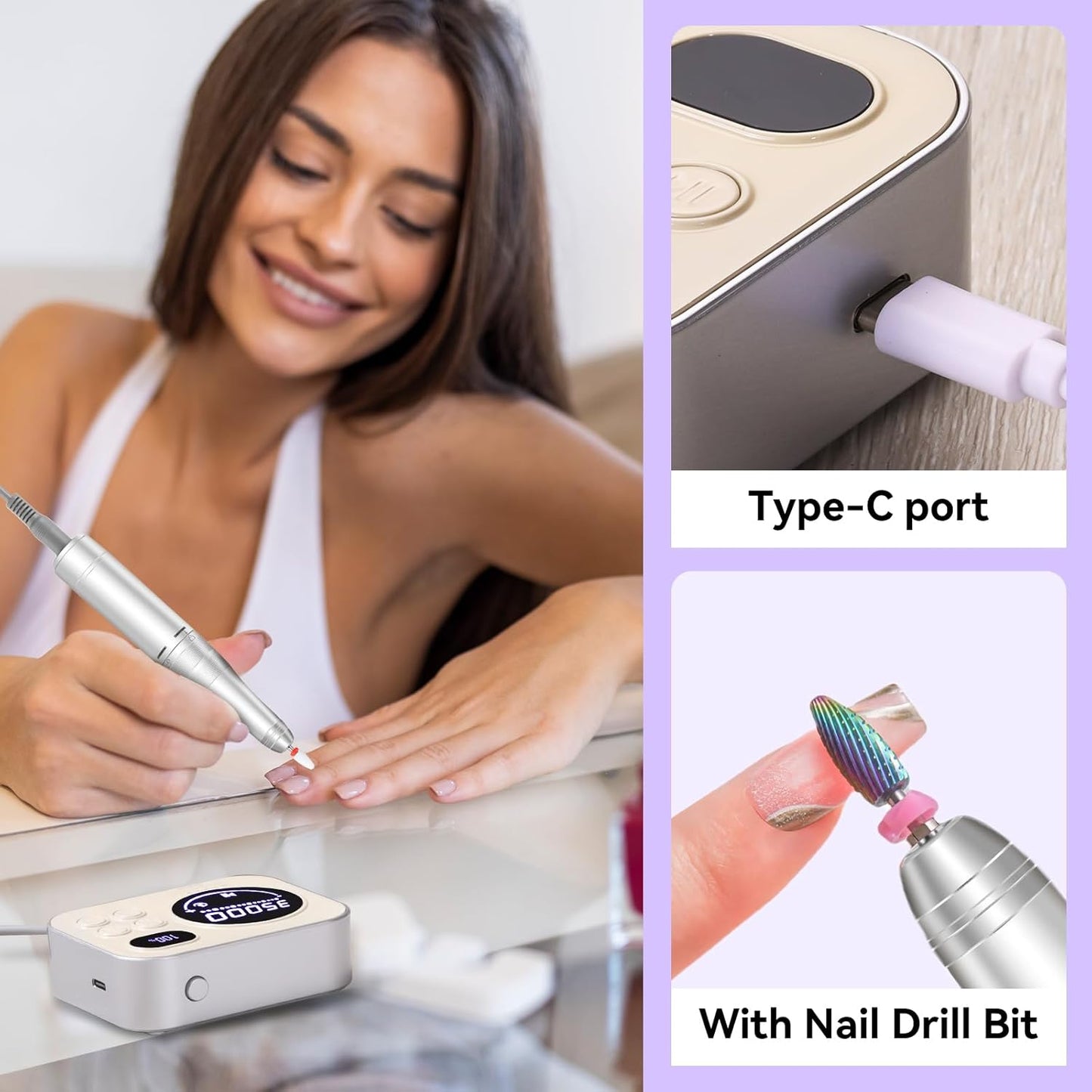 Makartt Electric Nail Drill: Rechargeable Nail Drill Machine 35000RPM, Adelise Ultra Smooth Portable E File Nail Grinder with Nail Bit