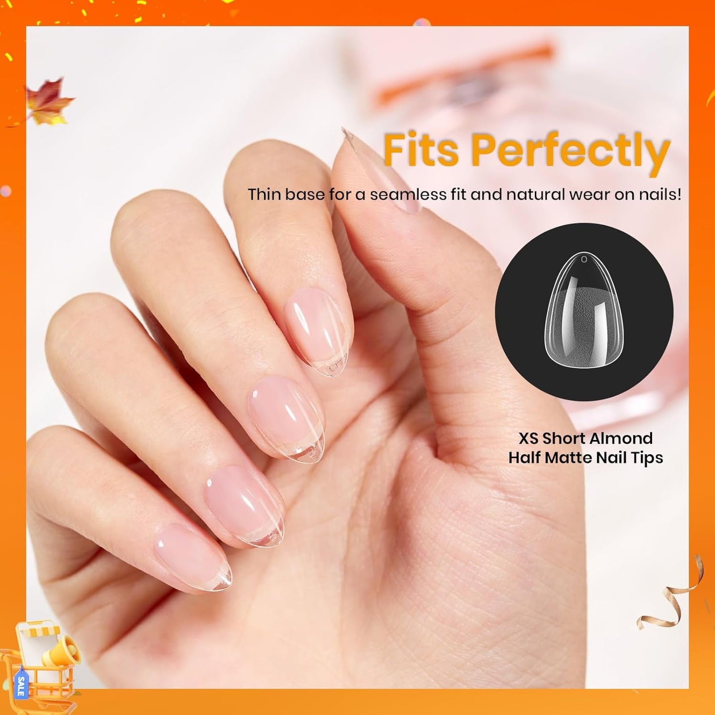 Beetles Extra Short Almond Nail Tips, 12 Sizes 288 PCS Pre-Shaped Clear Full Cover Etch Gel Nail Tips Clear Acrylic Nails Glue on Nails for Girls Women Nail Art Design,Nail Glue Needed