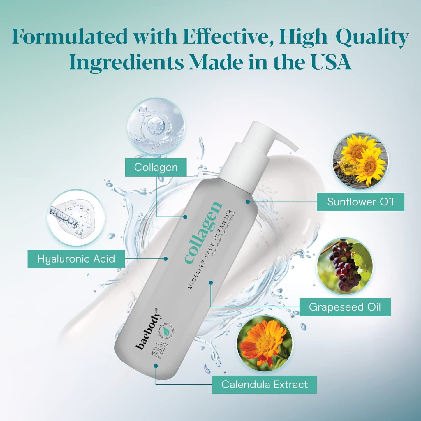 Baebody Cleansing Milk for Face - Vegan Facial Cleanser for Women and Men - Micellar Makeup Remover - Milk Cleanser Face Wash (8 fl oz)