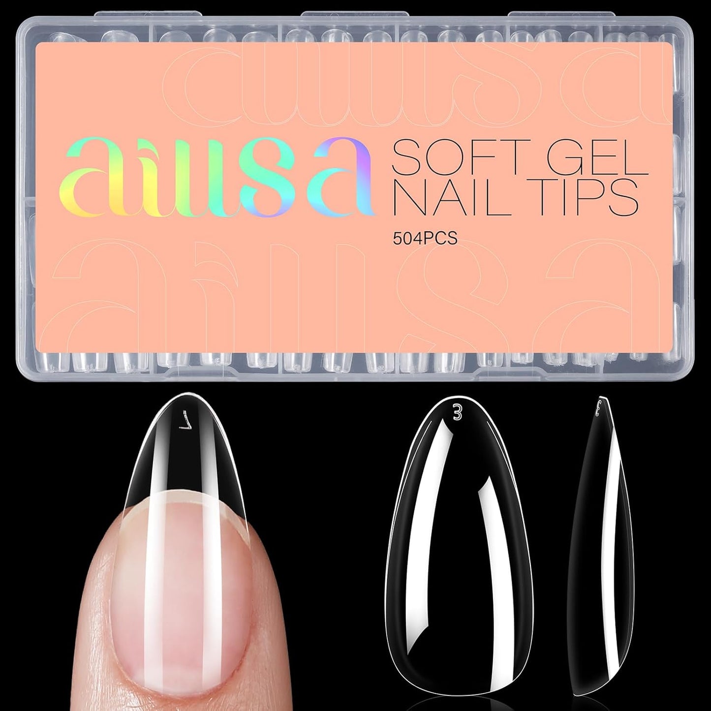 AILLSA Almond Nail Tips 504pcs Clear Nails Tips Gel Full Cover Nails Tip Medium Almond Shaped Fake Soft Nails for Press on Nail Extensions Home DIY Nails Salon- X (12 Sizes)