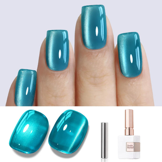 Double Rhythm Jelly Glass Cat Eye Gel Polish with Magnet 15ML Holographic Glitter Shimmer Translucent Sheer Color Magnetic Polish Salon DIY at Home (Jelly Teal-MC1120)