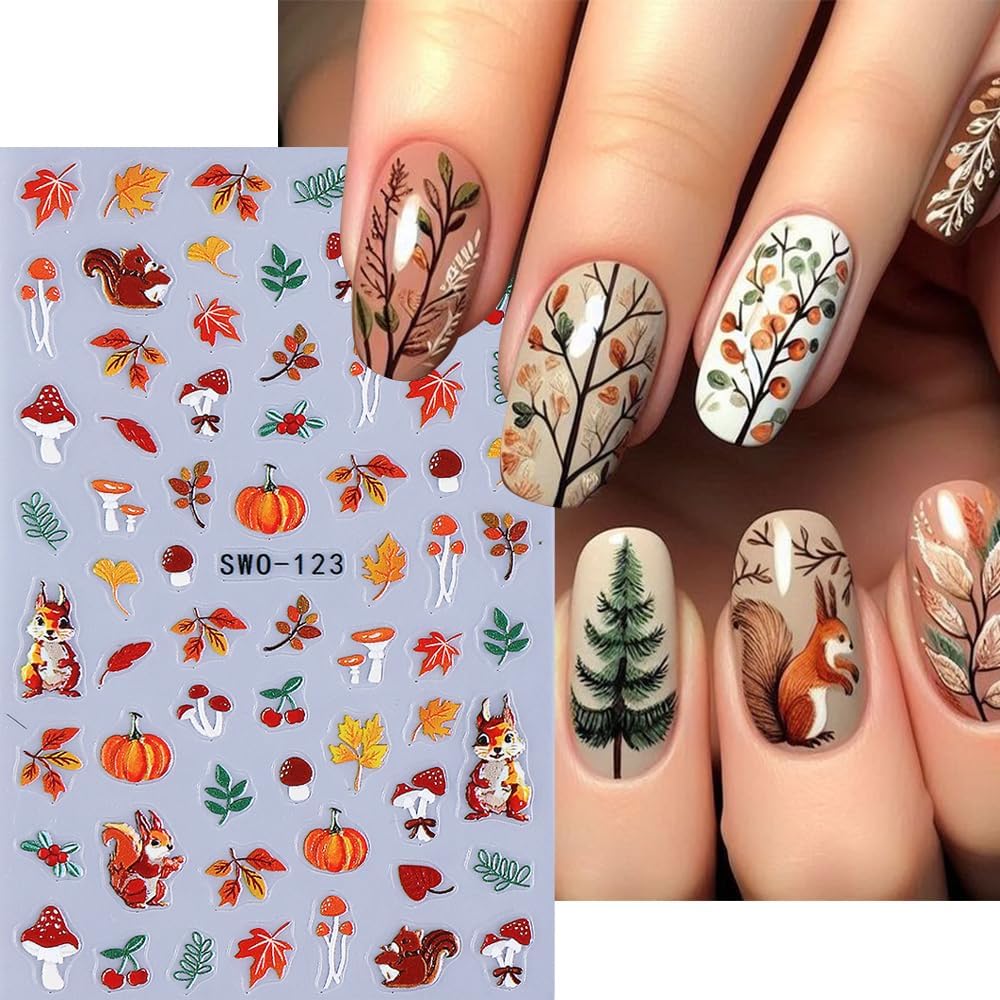 4Pcs Fall Nail Stickers 3D Pumpkin Maple Leaves Thanksgiving Nail Decals Orange Tree Nail Art Stickers 5d DIY Self Adhesive Nail Design Decoration