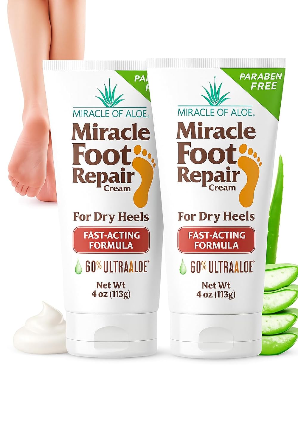 Miracle Foot Repair Cream, 4 oz Repairs Dry Cracked Heels and Feet, Diabetic-Safe, 60% Pure Ultra Aloe Moisturizes, Softens, and Repairs, Relief from Discomfort of Ingrown Toenails (2-Pack)