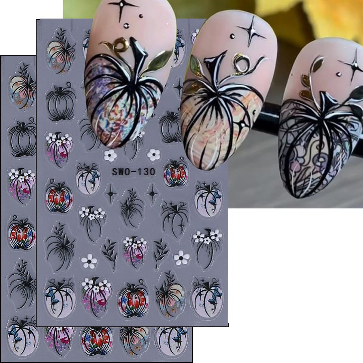Halloween Nails Stickers Black Pumpkins Nails Sticker 3D Embossed White Flower Self Adhesive Sticker Nail Decals Black Bunch Nail Art Decals Halloween Decals for Nail DIY Manicure 2Sheet
