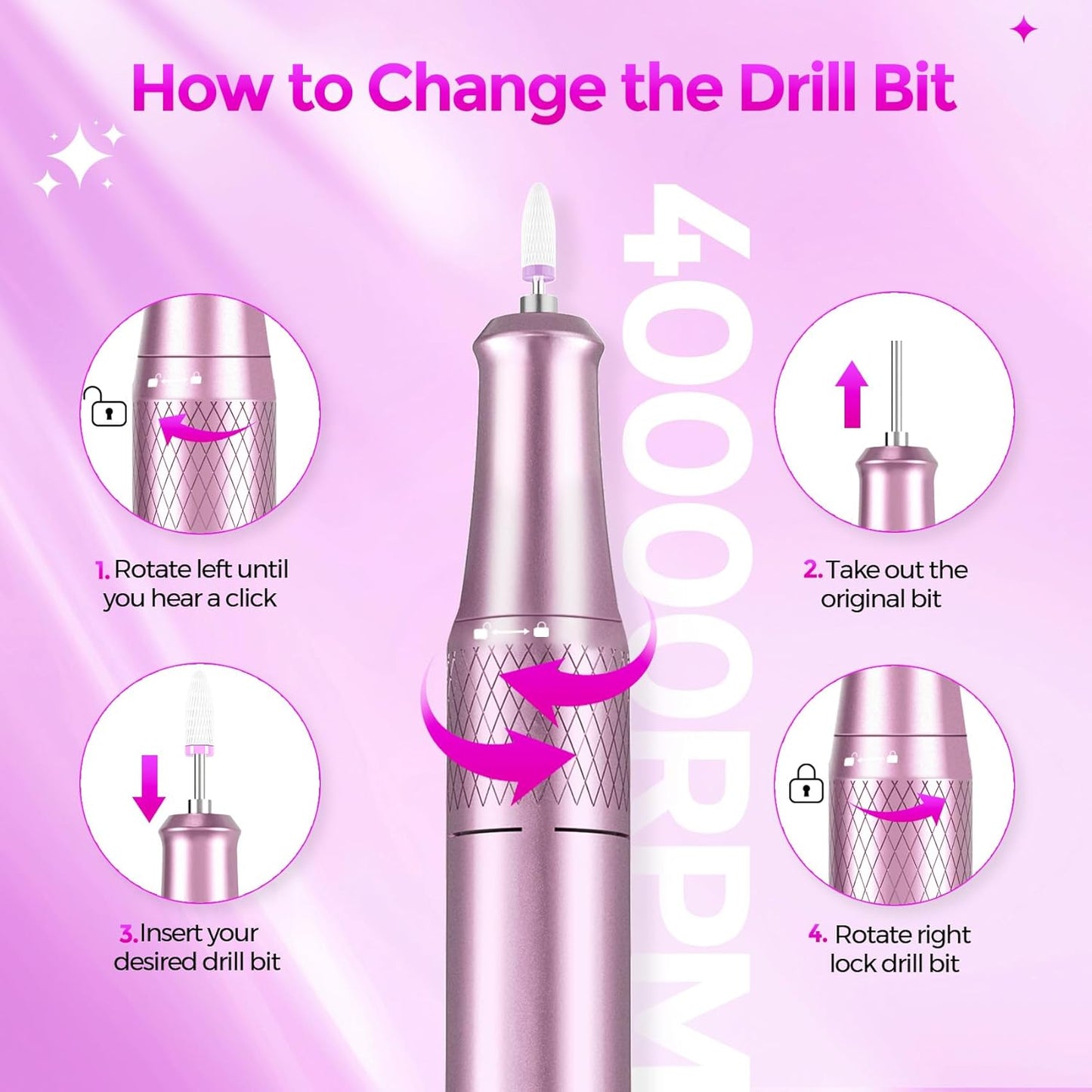 Nail Drill Electric File: DEDNMSCA Sparkly Professional Nail Drill Kit, 40000RPM E-File Machine with 12 Drill Bits for Acrylic Nails Remove Nail Gel Polish Manicure for Salon Home, Colorful Diamond