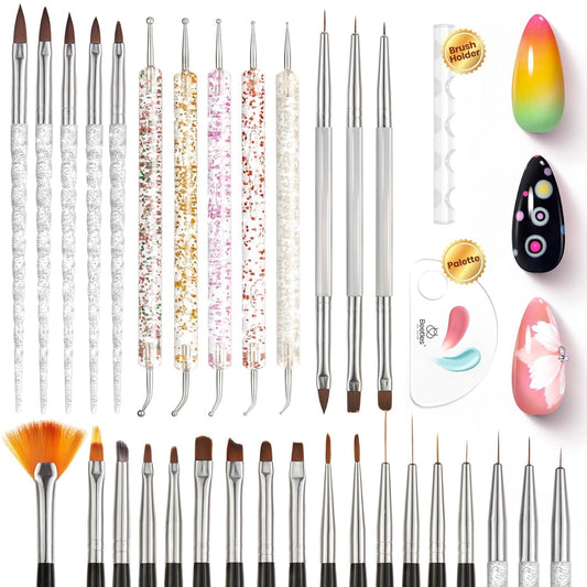 Beetles 31pcs Nail Art Brushes, Nail Art Pens, Dotting Tools, Dust Brush, Striping Liner Fingernail Drawing Pens with Palette Holder All in One for Starter Manicure Design Set