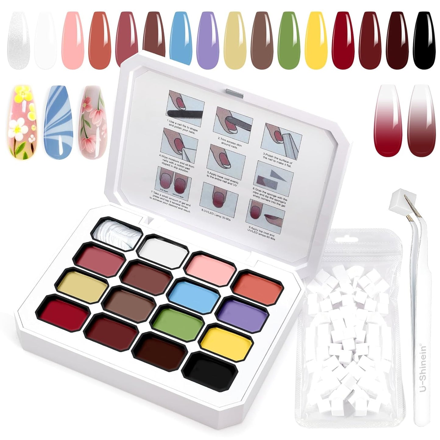 Gradient Painting Gel, 16 Ombre Gel Nail Polish with 100Pcs Nail Sponges &Tweezers for Pigment Pat Nails Almond Nude French Manicure Soak Off UV Long-lasting Palette VelvetSpectrum Studio