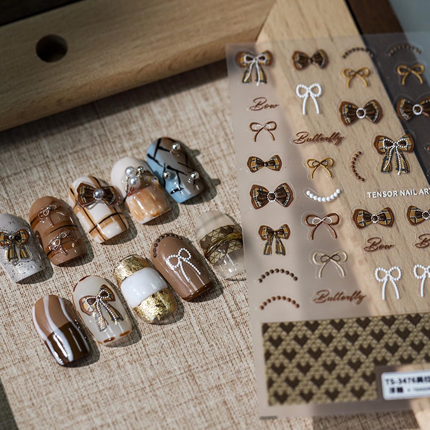 Bow Nail Stickers 5D Embossed Nail Art Decals Self-Adhesive Brown White Bows Nail Art Stickers for Women Girls Kids Nail Supplies Accessories