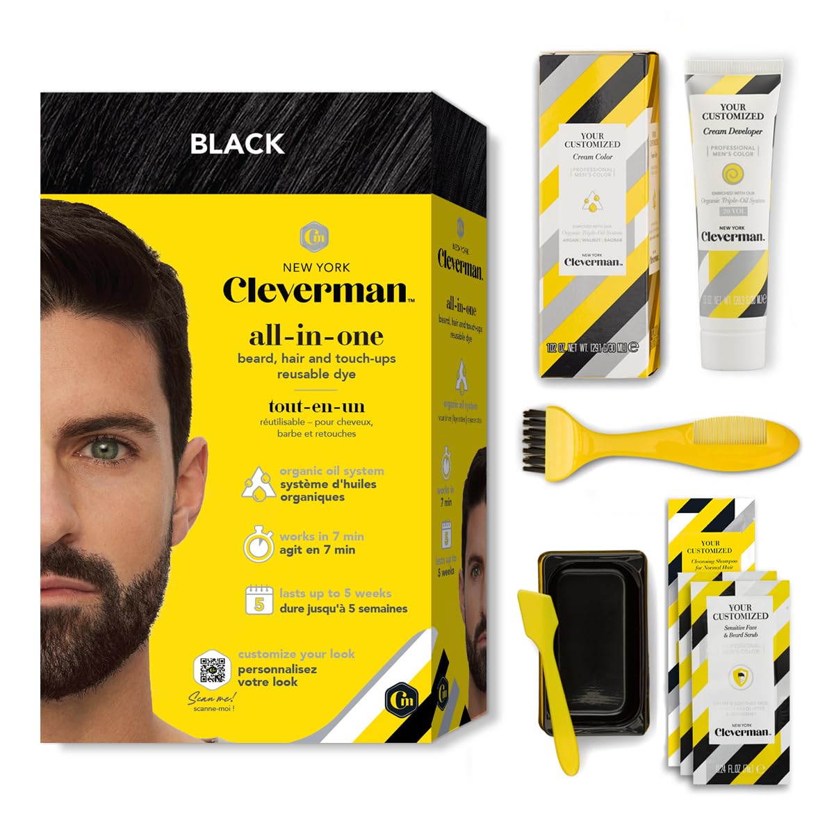 CLEVERMAN Black Hair & Beard Dye for Men, All-in-One Reusable Kit - Natural-Looking Gray Coverage, Professional-Quality, Ammonia-Free, 3.38 Fl Oz (1 Pack), Black, Suitable for Black Hair