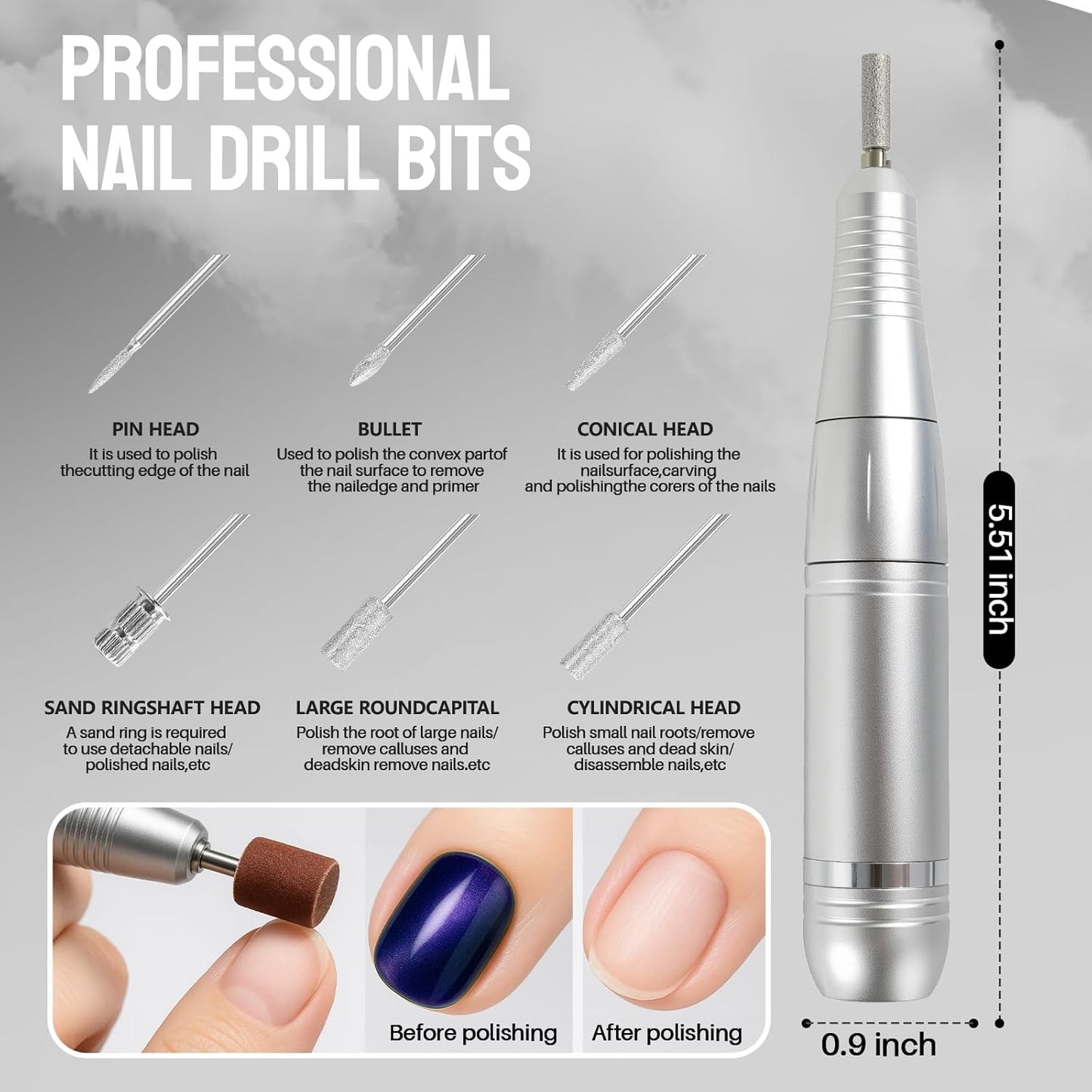Electric Nail Drill Portable Nail Drill Professional 45000 RPM 6 Salon Quality Drill bits 6 Sanding Bands Portable & Low Noise for Acrylic Nails Gel Polishing Removing Bits Kit for Home Use