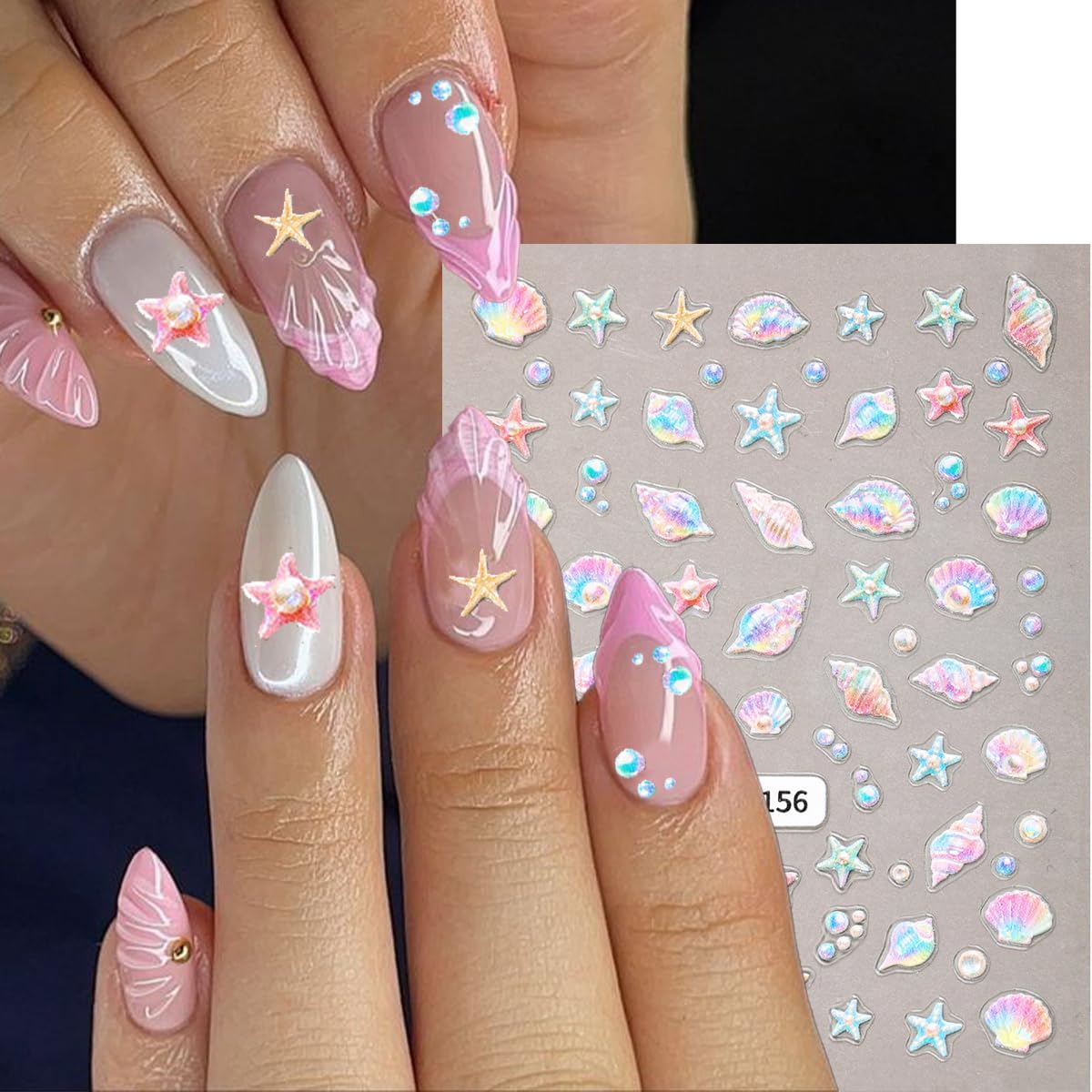 Shell Nail Stickers Jellyfish Nail Decals Starfish Nail Stickers for Nails Art Rainbow Conch Corals Design Summer Colorful Nails Art Sticker for Women Decoration Manicure Supplies 2 Sheet