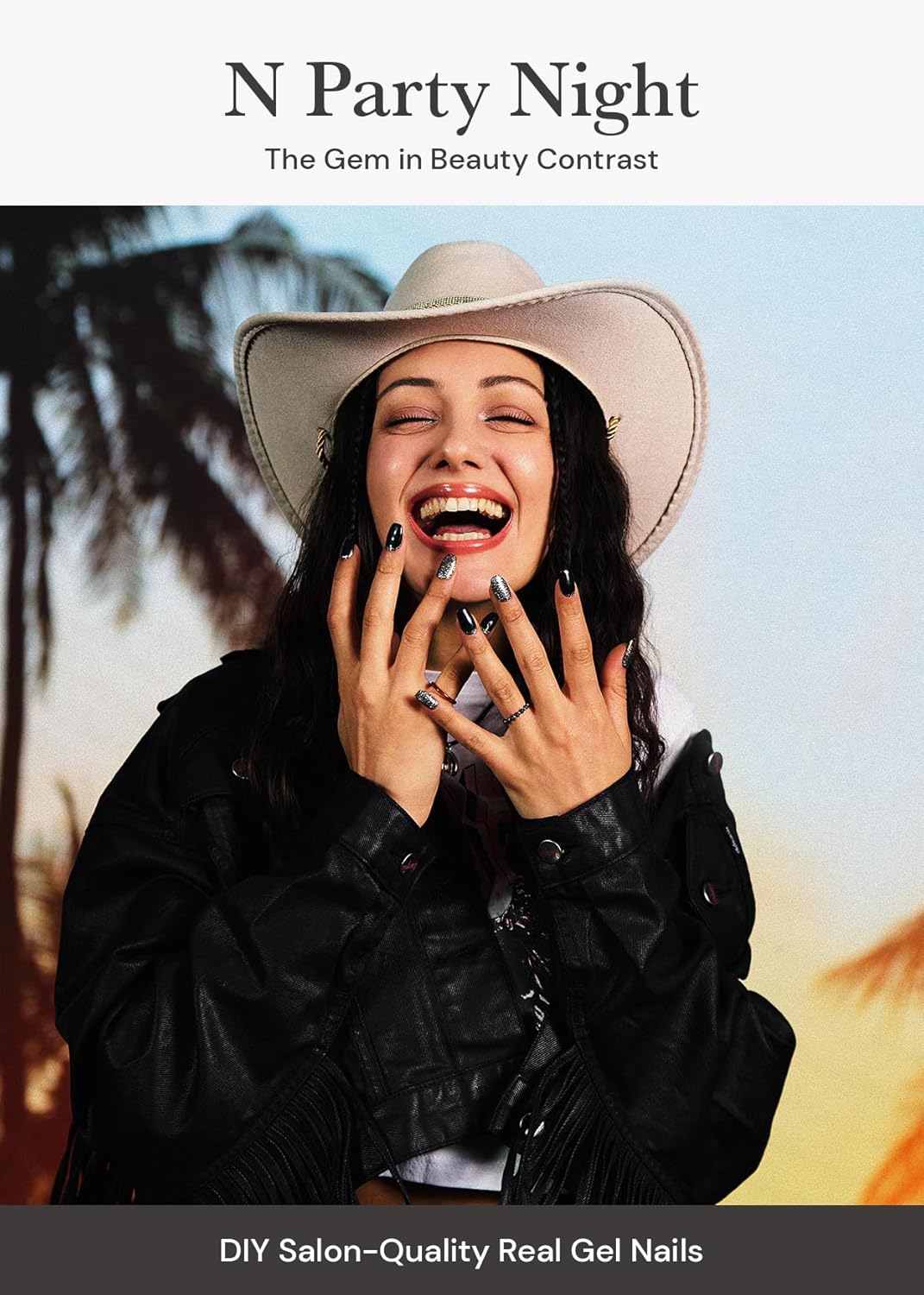 ohora Semi Cured Gel Nail Strips (N Party Night) - Dark, Glitter, Works with Any UV/LED Lamps, Salon-Quality, Long Lasting, Easy to Apply & Remove - Includes 2 Prep Pads, Nail File & Wooden Stick