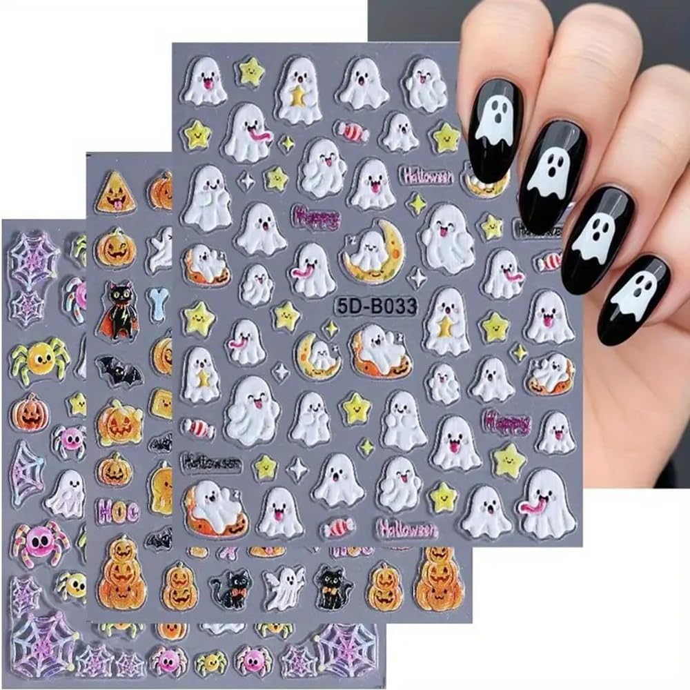 5D Embossed Halloween Nail Stickers 5D Self-Adhesive Bat Skull Pumpkin Nail Supplies Cute Little Ghost Nail Decals Kawaii Spider Spider Web Nails Designs for Women Holiday DIY Manicure 3 Sheet