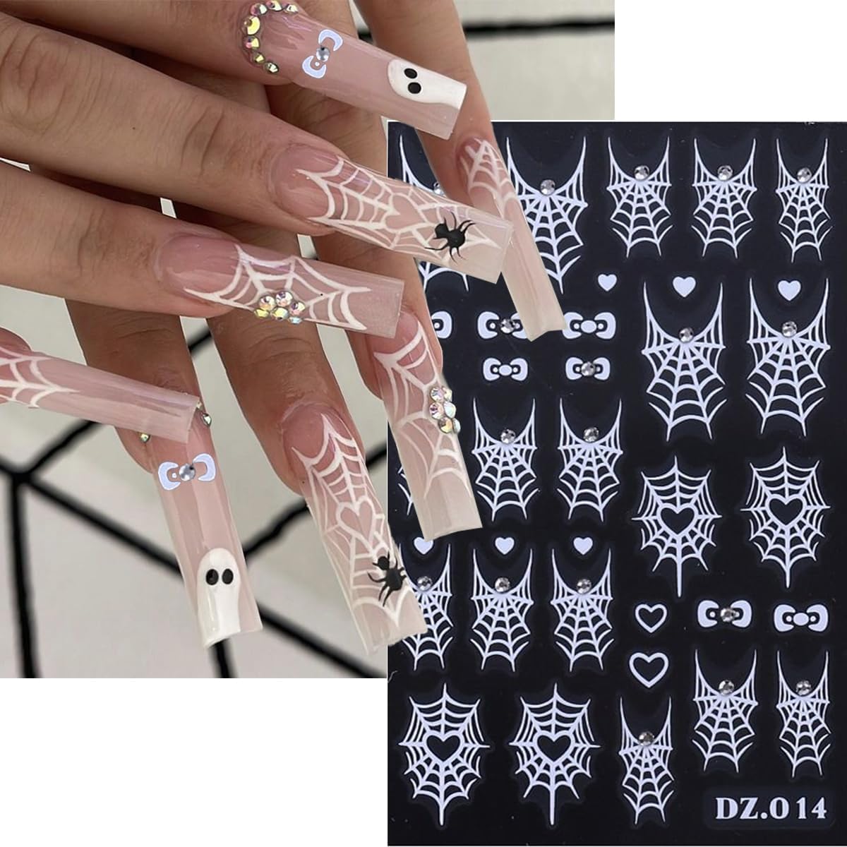 Spider Web Nail Stickers Halloween Nail Decals 3D Self Adhesive Nail Stickers for Nails Bow Heart Spider with Rhinestone Design White Gold Fall Nails Sticker for Women DIY Holiday Manicure 4 Sheet