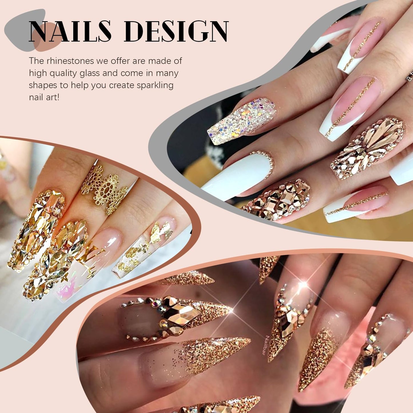 1680Pcs Mineral Gold Glass Nail Rhinestones 180Pcs Multi Shapes Flatback Nail Gems + 1500Pcs 1.5-4mm Round Crystal, Manicure Nail Charms Diamond Gemstones for Acrylic Nails Decoration