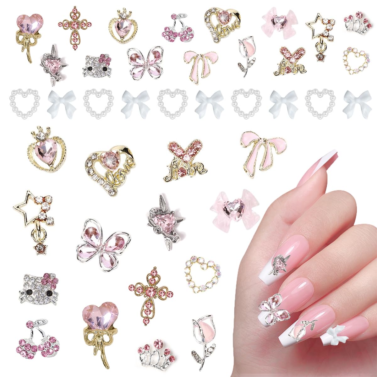 40PCS Nail Charms Y2k Pink Gold Nail Art Rhinestone Charms 3D Heart Star Bow Cherry Nail Gems for Acrylic Nail Accessories for Women Girl Manicure DlY Crafts Supplies