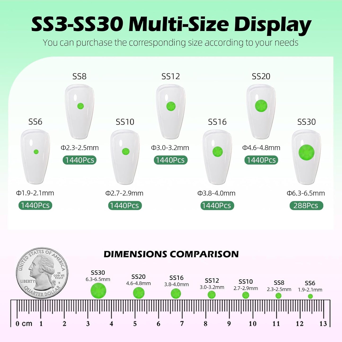 Neon Green Flatback Rhinestones, Glass Rhinestones for Nail Art and Craft, Glue Fix, Loose Crystal Gemstones(Neon Green, SS30, 288pcs, 6.4-6.6mm)