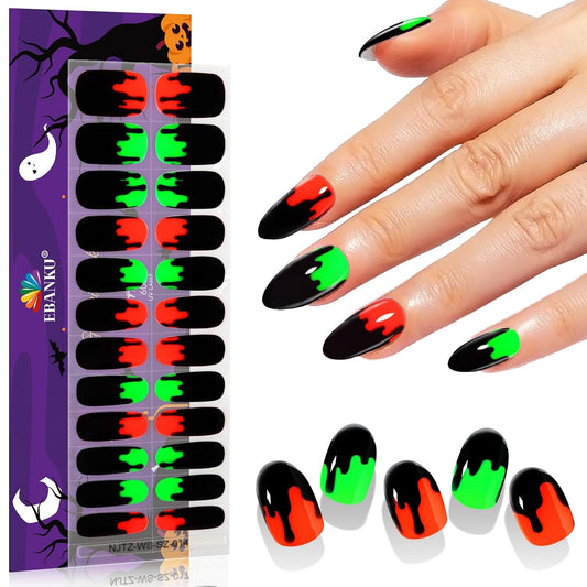 EBANKU 24Pcs Semi-Cured Gel Nail Strips, Halloween Y2K Nail Gel Polish Strips Real Nail Polish Art Stickers Wraps Easy Apply for Salon-Quality Manicure with Nails File and Nails Stick (Spooky Blood)