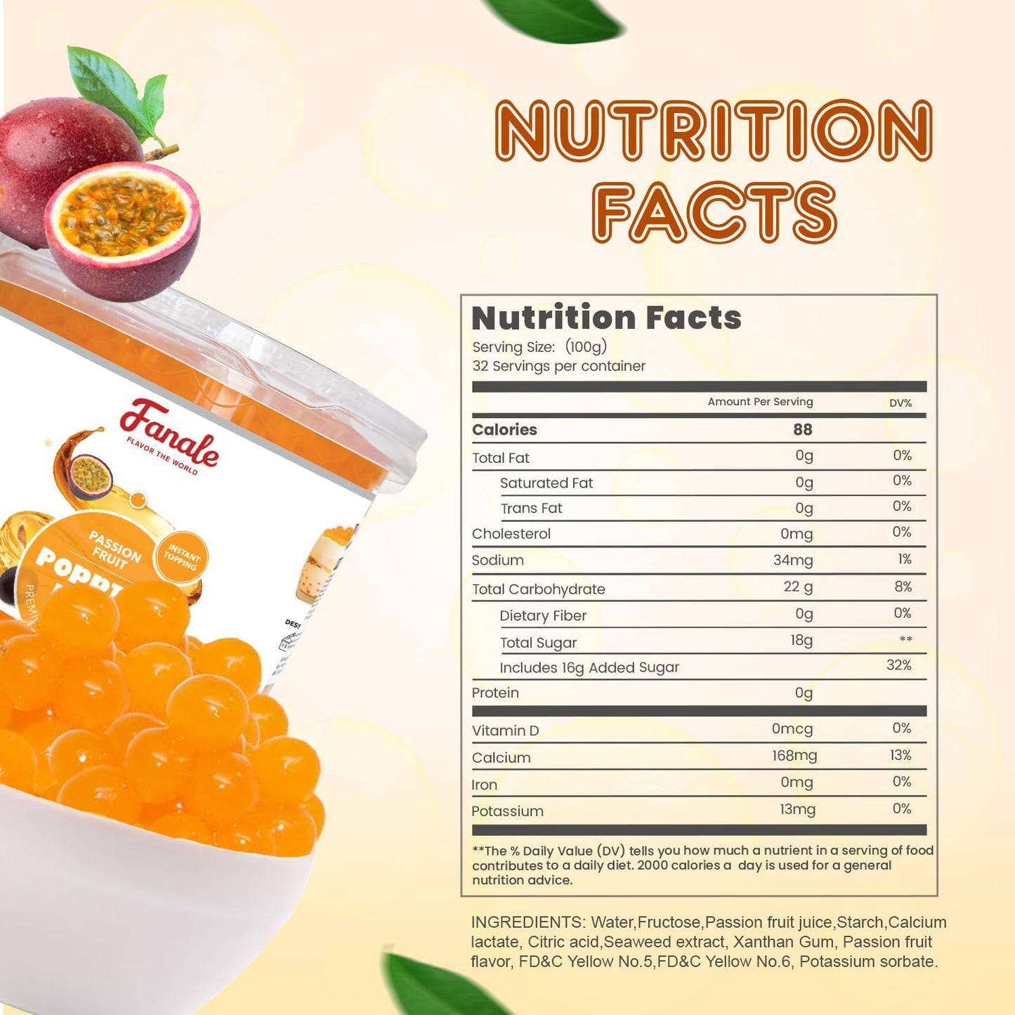 Fanale Passion Fruit Popping Boba Pearls, Vegan, Non GMO, Gluten Free, Fat Free, Perfect for Bubble Tea, Smoothies, Ice Cream, Desserts, and Beverages.