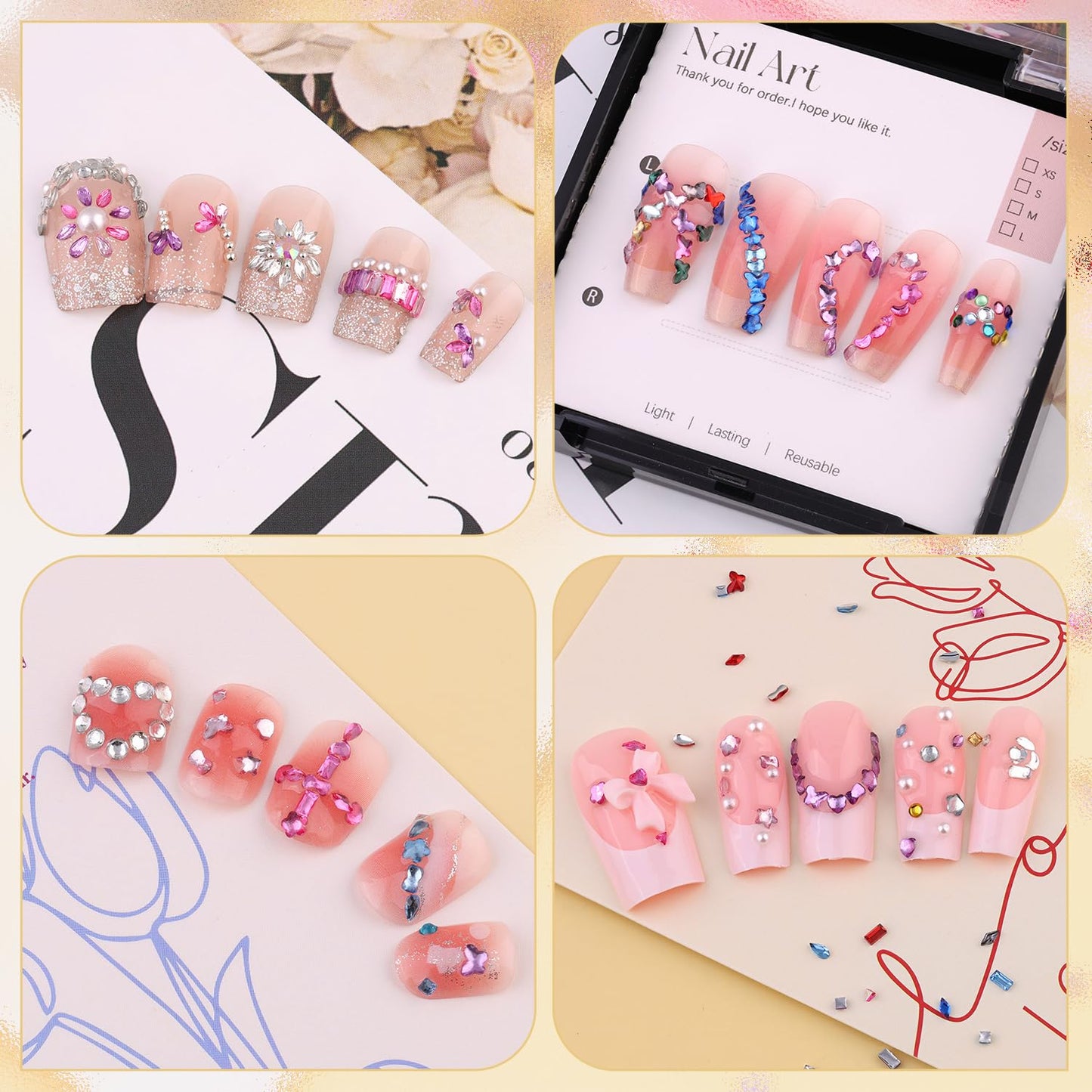 1.2-3 MM 4700 PCS Muliti Shape Colorful Rhinestones for Nail Art, 3D Resin Flatback Bedazzling Gems Mini Flower Bow Heart Star Butterfly, Gems Kit with Tweezers, Pickup Pencil and 15ML Nail Glue