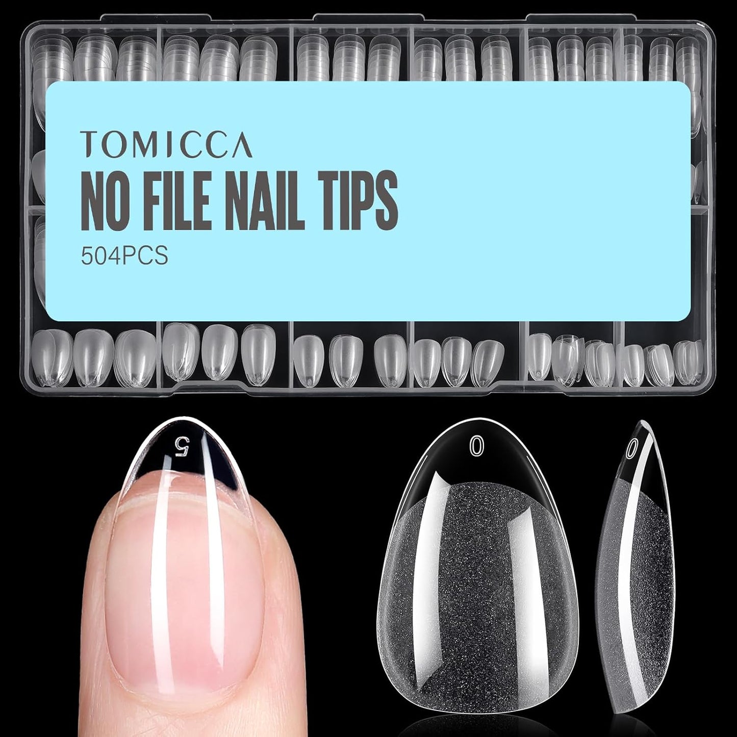 TOMICCA Short Almond Nail Tips, 504Pcs Soft Acrylic Nail Tips, 12 Sizes Pre-Shaped Half Matte Fake Clear Gelly Tips, Press on Acrylic Nails for Nail Extension DIY Nail Salon