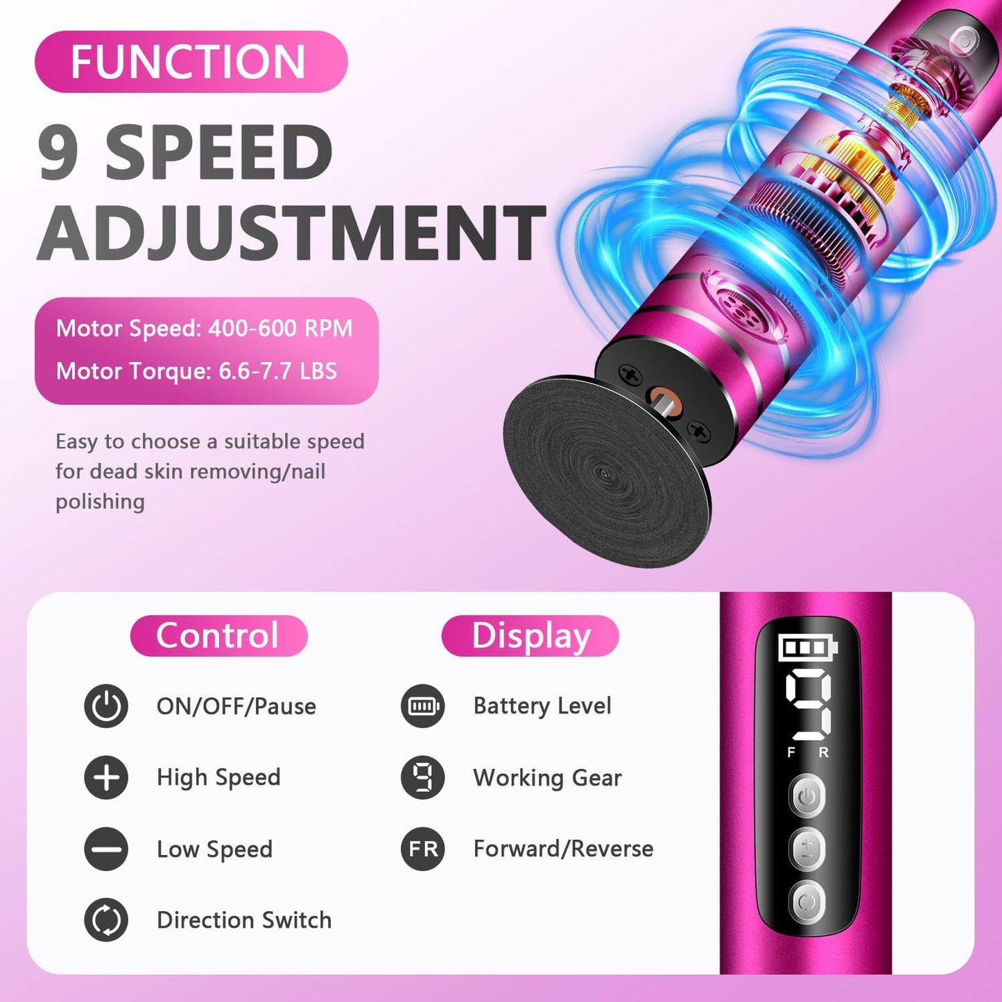 EAONE 2 in 1 Electric Callus Remover for Feet/Hands(Rose Red), Professional Pedicure Tools Foot/Nail File for Women Men Dry Crack Dead Skin Removal & Nail Care with 9 Speed Control/Digital Display