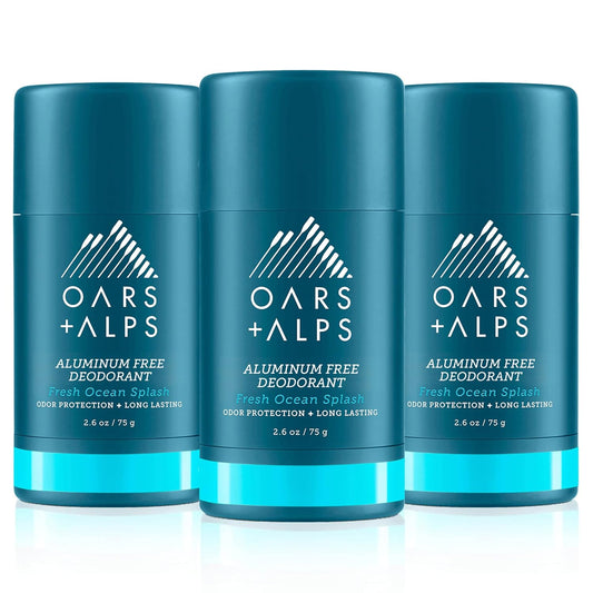 Oars + Alps Aluminum Free Deodorant for Men and Women, Dermatologist Tested and Made with Clean Ingredients, Travel Size, Fresh Ocean Splash, 3 Pack, 2.6 Oz Each