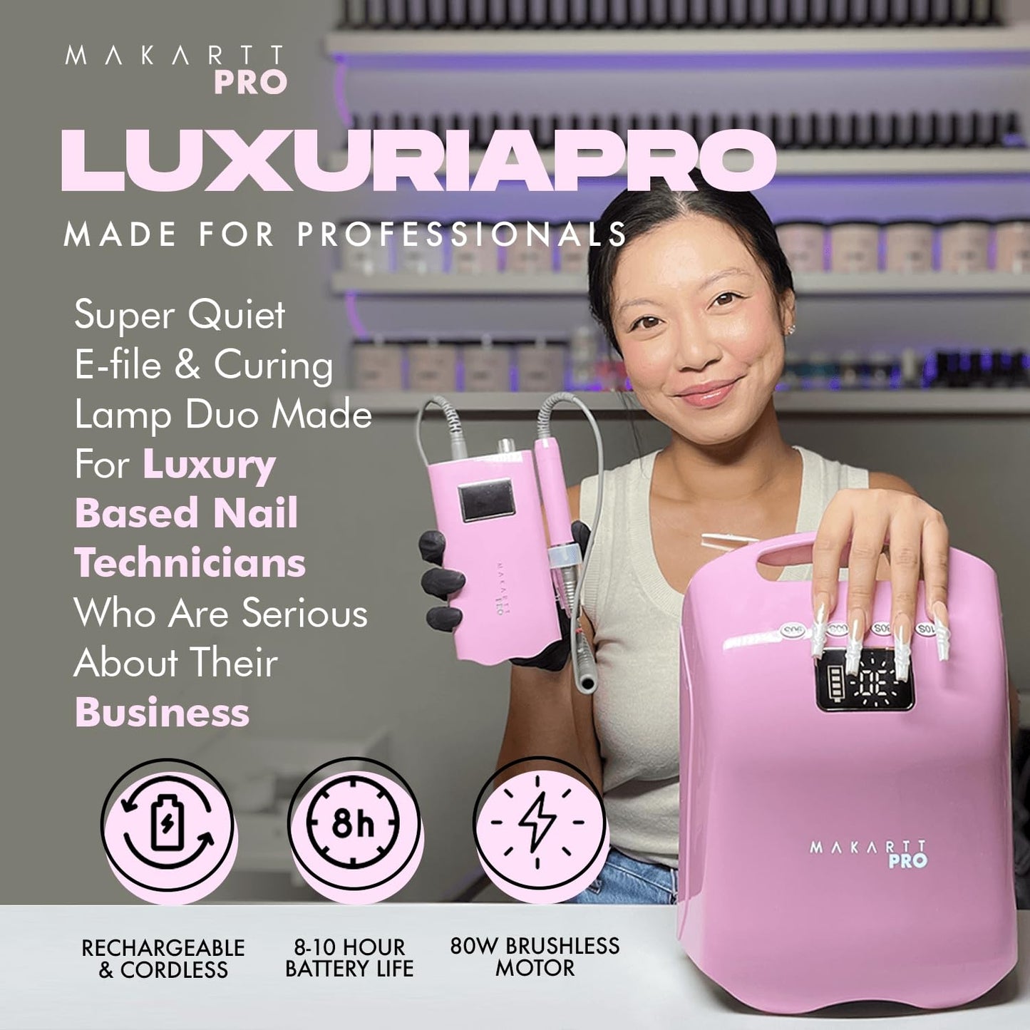 LuxuriaPro 35000 RPM Professional Nail Drill - 85W Brushless Motor | High Torque | Quiet & Vibration-Free | Portable, Rechargeable & Cordless Nail Drill for Technicians - Luxe Black