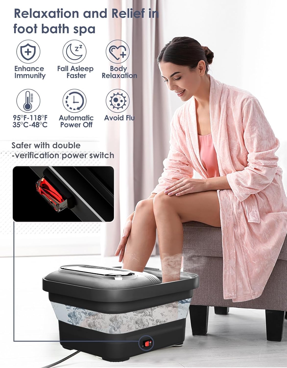 Collapsible Foot Spa with Heat, Bubble and Temp Control, Foot Bath Massager with XL Touch Screen and Massage Rollers, Foot Soaking Tub, Pedicure Foot spa for Stress Relief (Black)