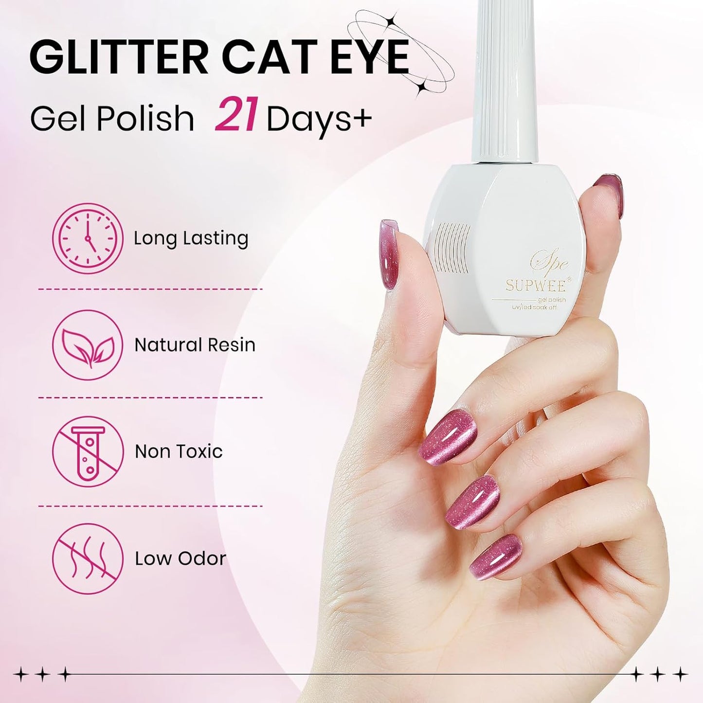 Cat Eye Gel Nail Polish Pink, 15ML Glitter CatEye Gel Polish Magnetic Crystal Reflective Effect with Magnet Soak Off Salon DIY at Home
