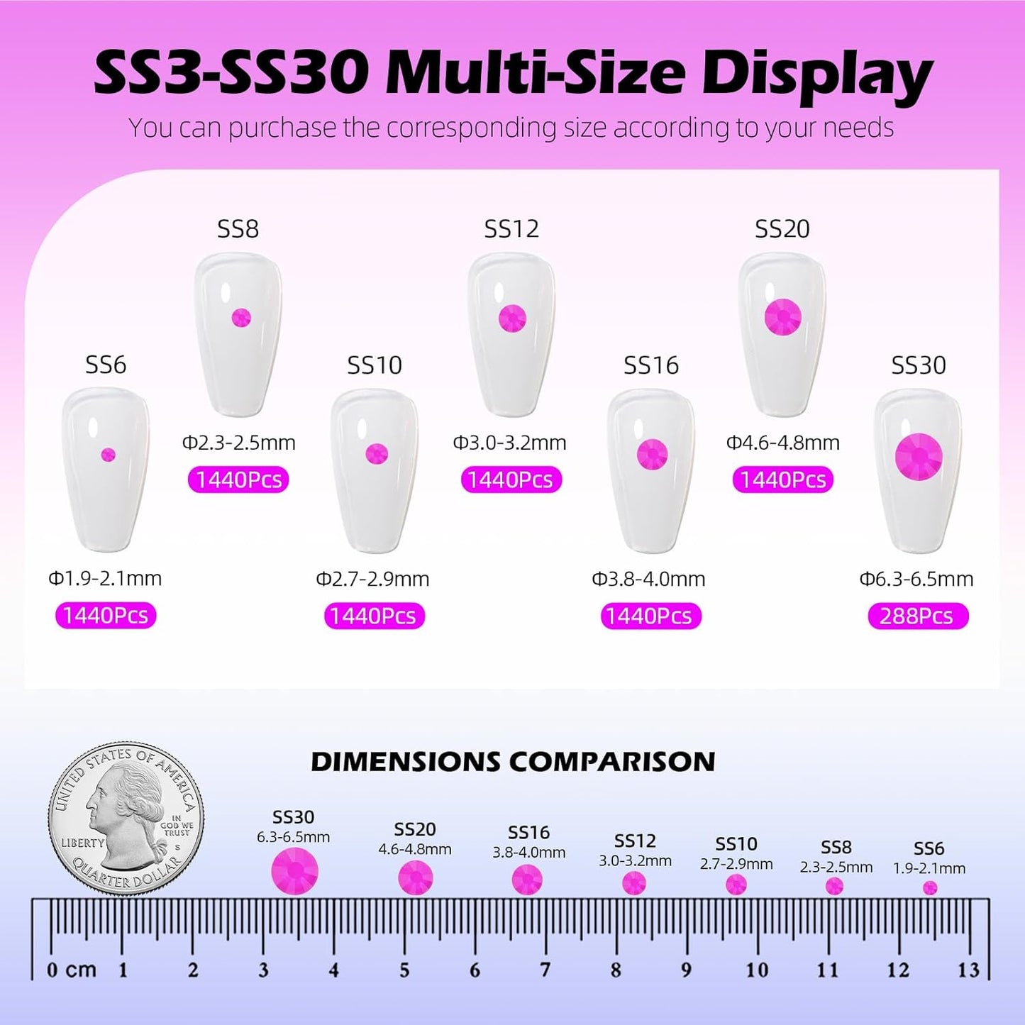 Neon Purple Flatback Rhinestones, Glass Rhinestones for Nail Art and Craft, Glue Fix, Loose Crystal Gemstones(Neon Purple, SS8, 1440pcs, 2.3-2.5mm)