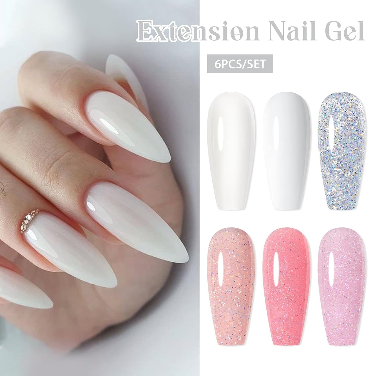 MEET ACROSS Poly Nail Gel Set - 6 Colors Glitter Extension Nails, Long Lasting, Shiny-looking, Strong Builder Enhancement for Salon Manicure DIY at Home 20ML Clear White Glitter Pink