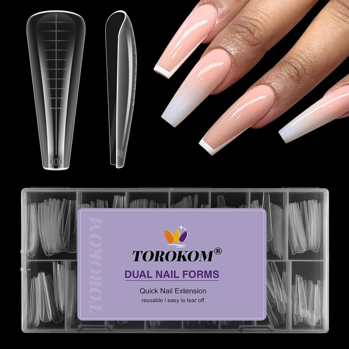 TOROKOM Dual Nail Forms for Poly Nail Gel, 150 PCS Coffin Structure Poly Nail Gel Square Nail Molds for Builder Gel Poly Extension Gel Nail Art Design Salon&DIY