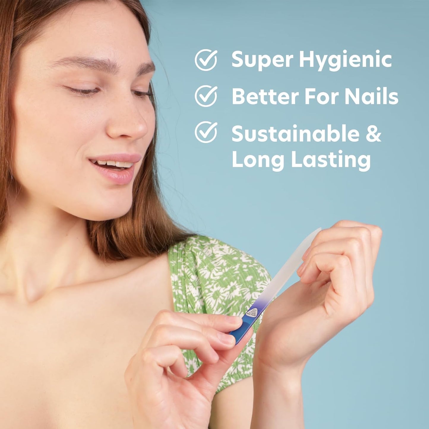 Bona Fide Beauty Glass Nail File with Case, Aqua Cobalt Czech Glass Fingernail Files Handcrafted from The EU. Ideal Nail Care Tool for Natural Nails.