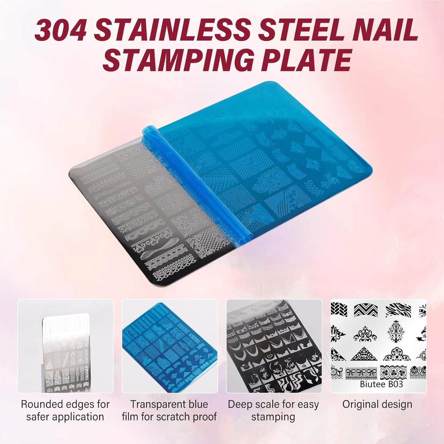Biutee Nail Stamper Kit Nail Art Stamping Plate Set 4 PCS Stamping Nail Polish Gel 2PCS Large Stamp Plate 110 Patterns Jelly Silicone Stamper Scraper Stamp Template Kit French Line Lace Flower Design