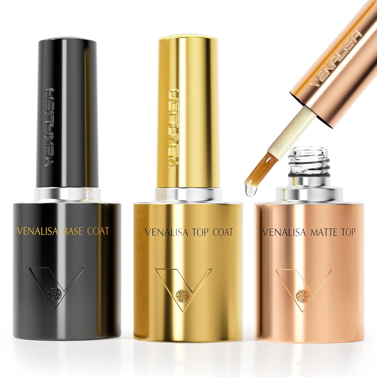 VENALISA 3 Pcs No Wipe Glossy and Matte Gel Top Coat and Base Coat Set for Gel Nail Polish- High Gloss Base Matte & Shiny Top Coat Kit, Soak Off Nail Art Home and Professional Manicure