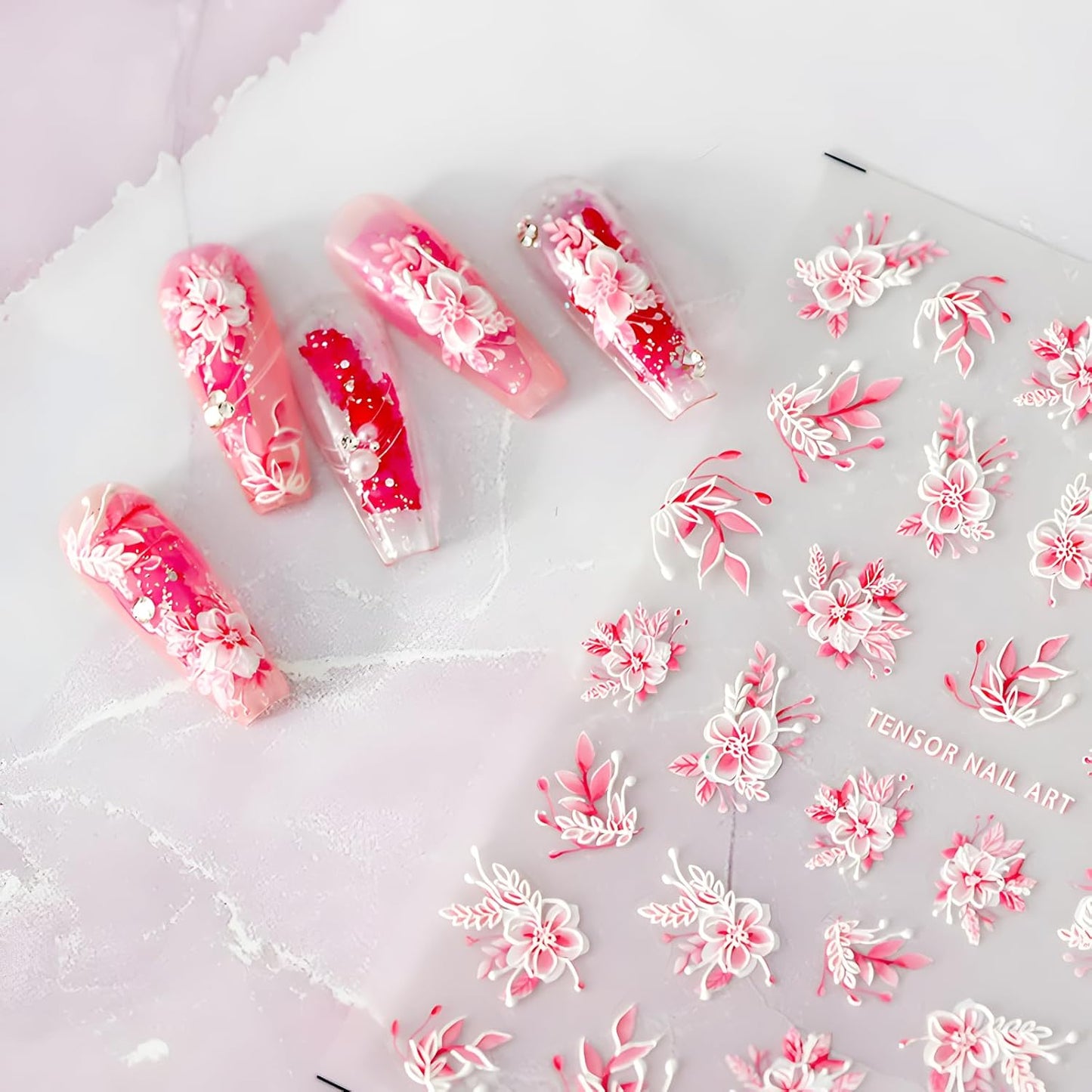 Pink Flowers Nail Art Stickers 5D Embossed Self Adhesive Nail Decals Spring Summer Nail Stickers for Nail Art Flower Nail Design Decoration Accessories for Women and Girls