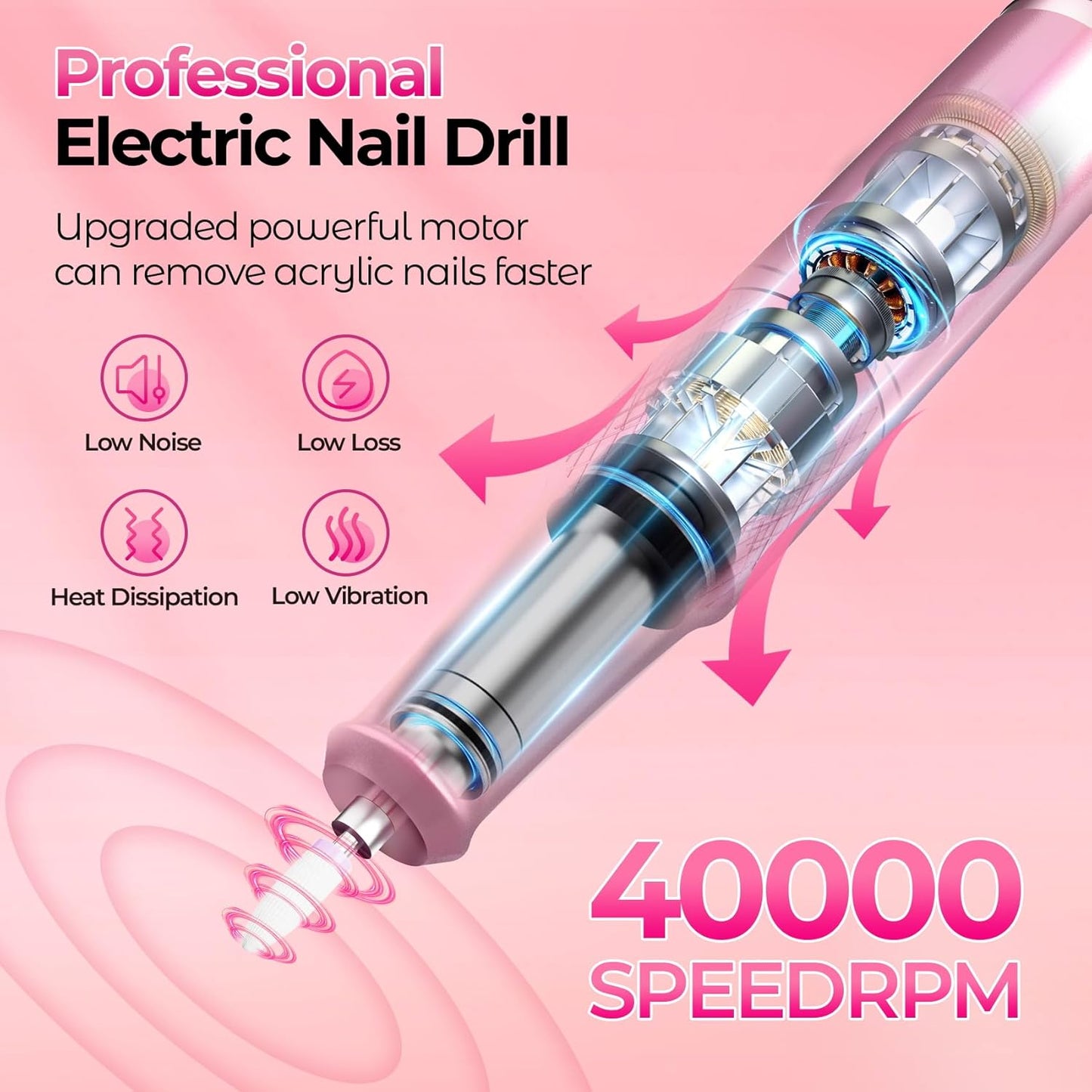 Nail Drill Electric File: 40000RPM Professional E File Kit E File Machine Filer for Shaping, Buffing, Removing Acrylic Gel Nails, Manicure Pedicure Kit with 12Pcs Nail Bits, Home Salon Use