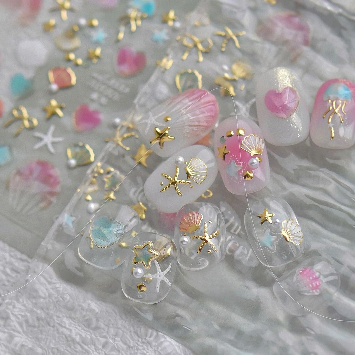 2Pcs Summer Nail Stickers for Nails Art,Self-Adhesive Star Shell Nail Art Stickers Seashell Nail Decals Starfish Jellyfish Pearl Nail Designs 5D Embossed Ocean Life Nails Supplies for Women Manicure