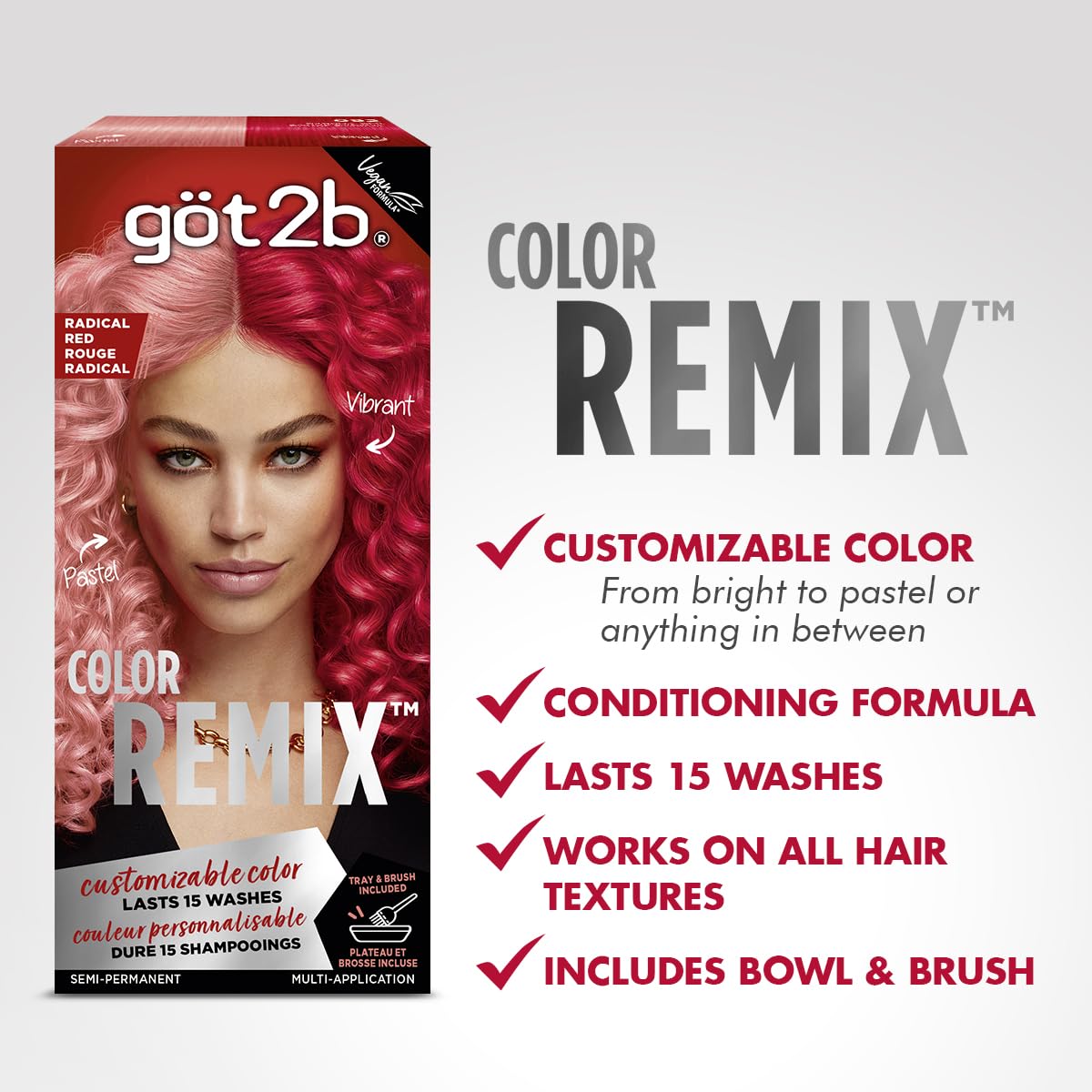 Got2b Color Remix, Customizable Semi-Permanent Hair Color, 092 Radical Red
