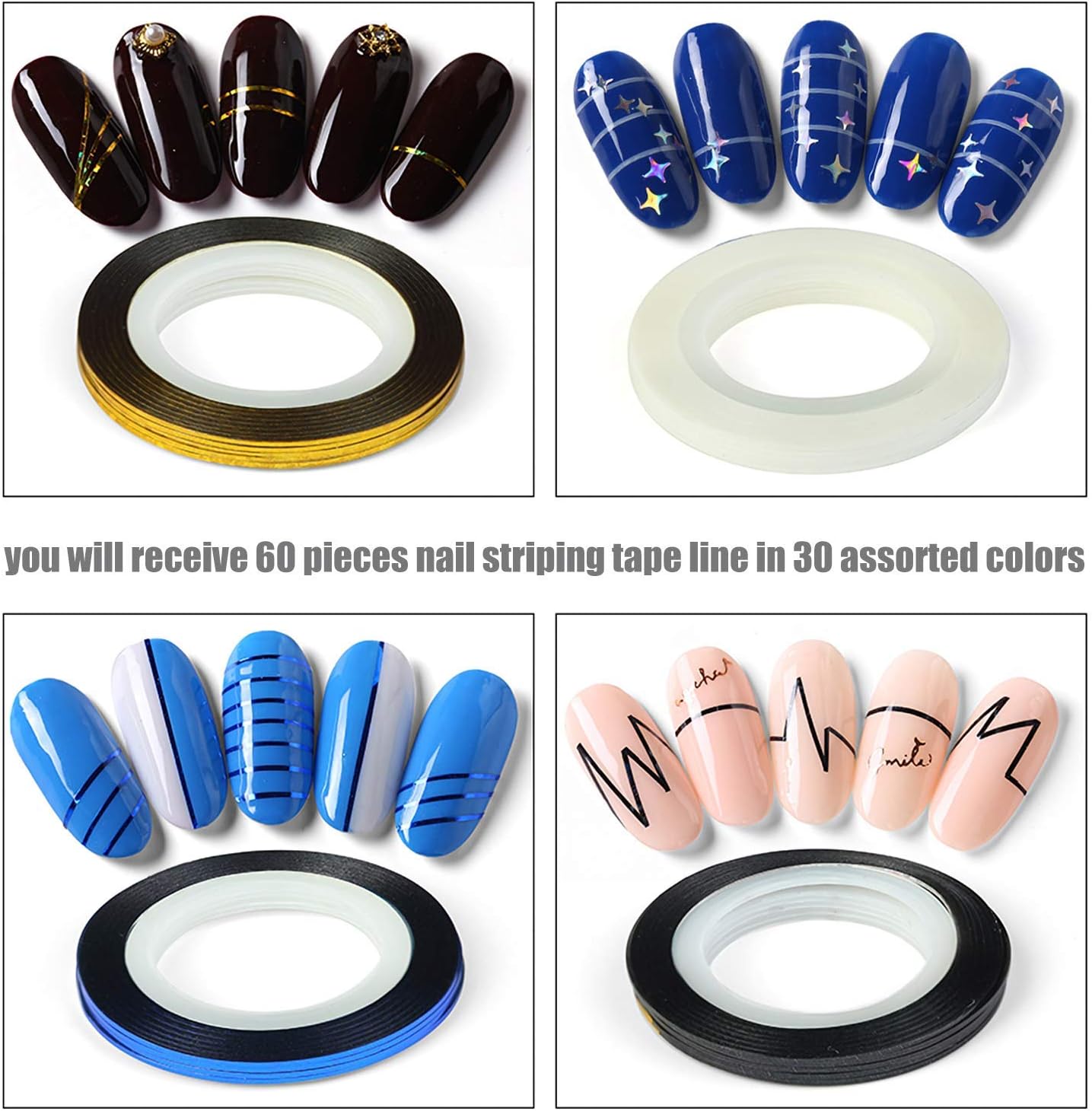 60 Colors Nail Striping Tape Line 2 Pieces Nail Tape Dispensers Free Tape Roller Dispenser Striping Tape Line Nail Art Decoration Stickers Nail Art Decoration Sticker DIY Nail Tip