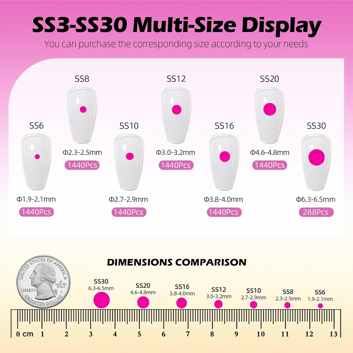 Neon Rose Flatback Rhinestones, Glass Rhinestones for Nail Art and Craft, Glue Fix, Loose Crystal Gemstones(Neon Rose, SS10, 1440pcs, 2.7-2.8mm)