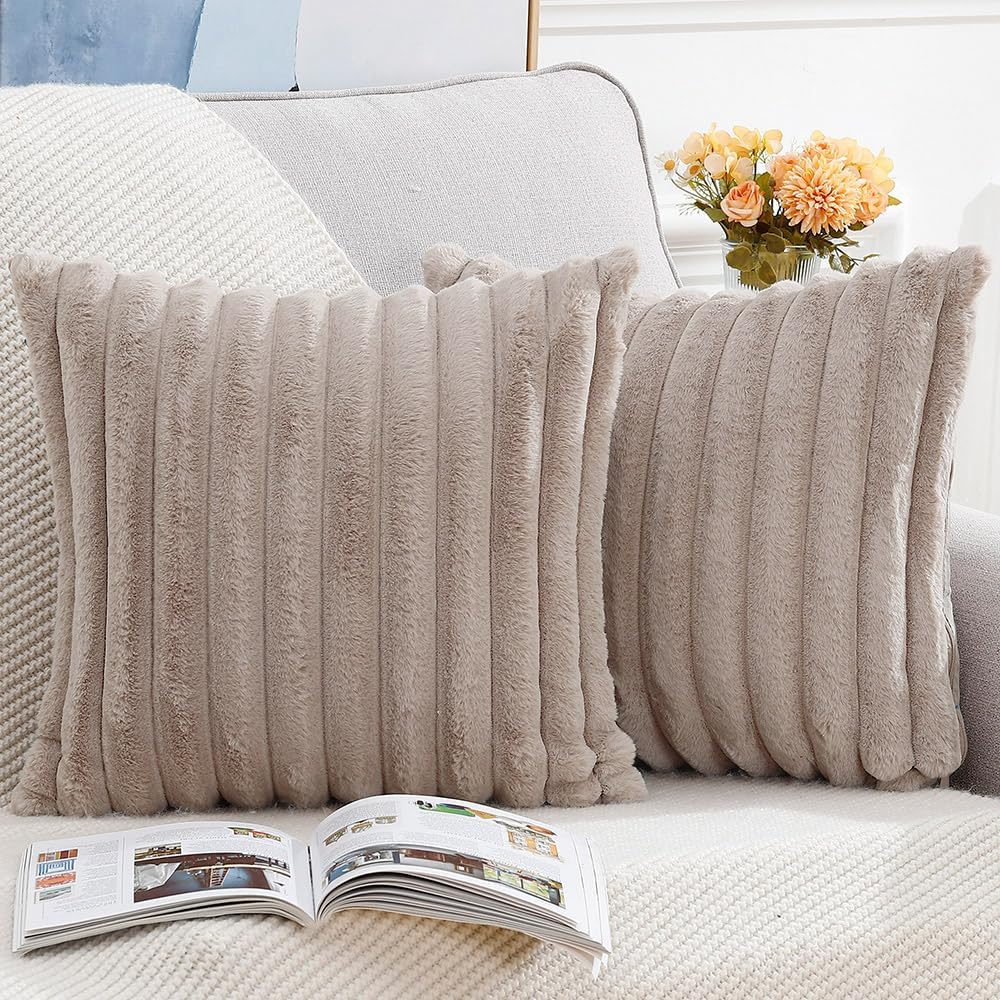 MADIZZ Set of 2 Faux Wool Plush Decorative Throw Pillow Covers 20x20 Inch Taupe Fluffy Striped Soft Decorative Cushion Cover for Sofa Bedroom Pillow Shell