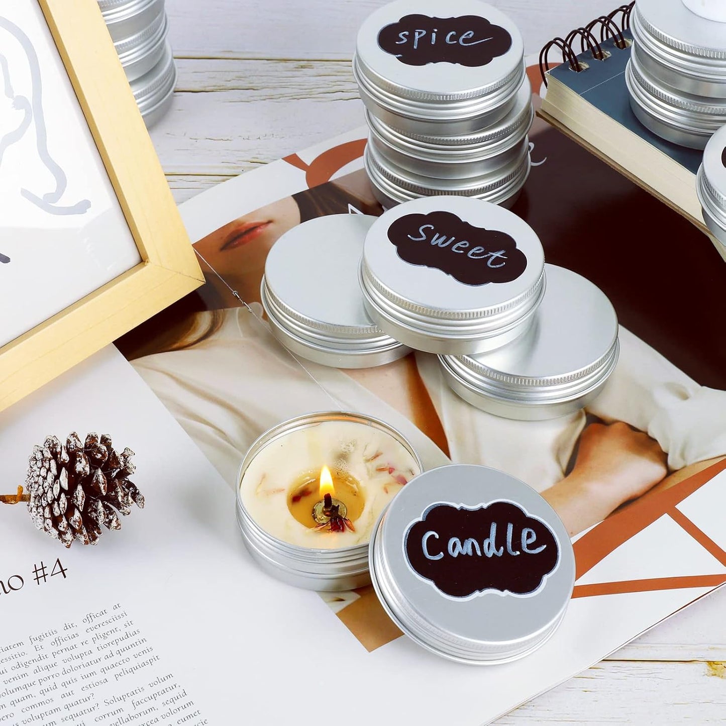 96 Pack Round Cans with Screw Lid 2 Oz Aluminum Metal Tins DIY Food Candle Containers for Lotion Bars, Balms, Salve, Spices, Beard Balm, Crafts with 4 Markers 3 Sheets Label Stickers (Silver)