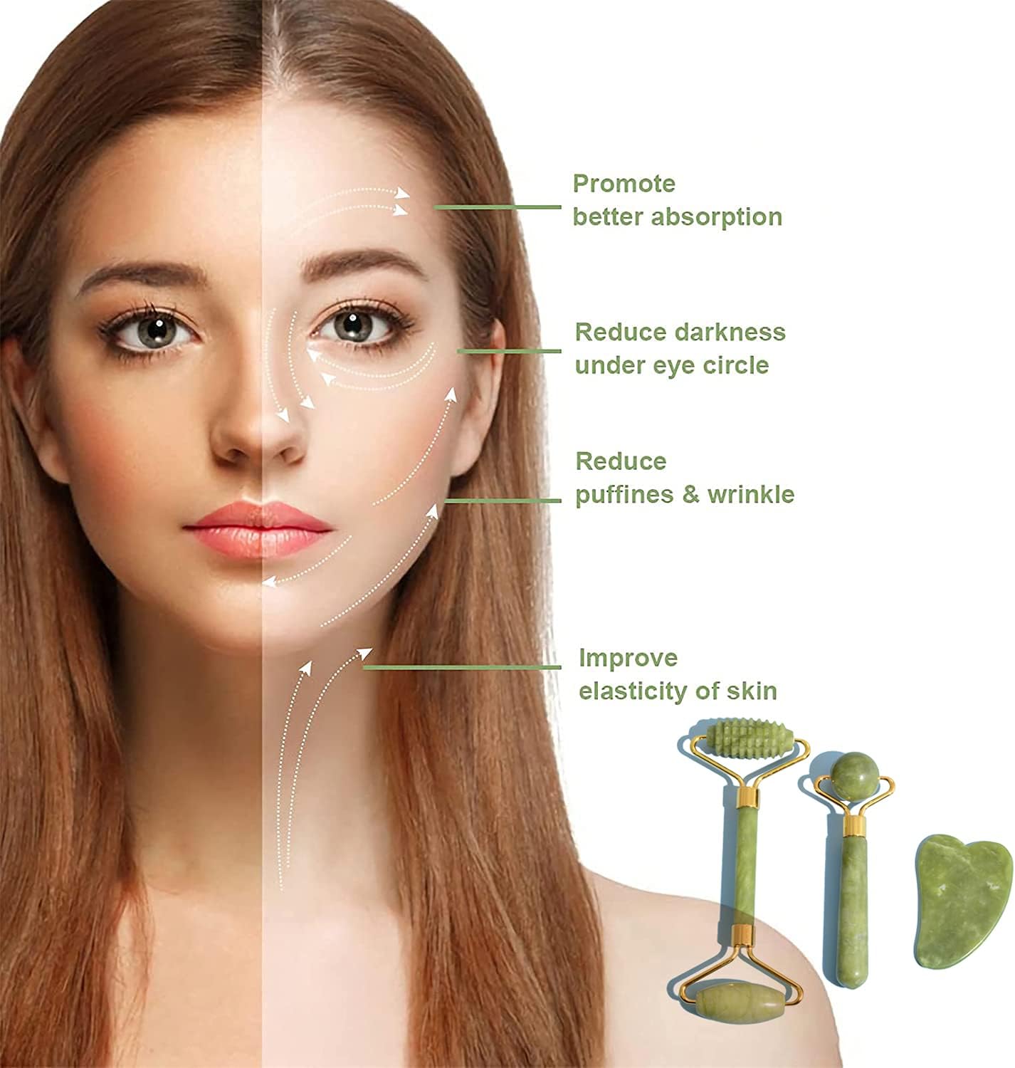 3Pcs Guasha Scraping Massage Tool Set Jade Stone Guasha Board, Used for Face, Neck, Arms, Shoulders, Legs Body Care/Boost Radiance of Complexion,for Valentine’s Day, Birthday, Christmas Gift