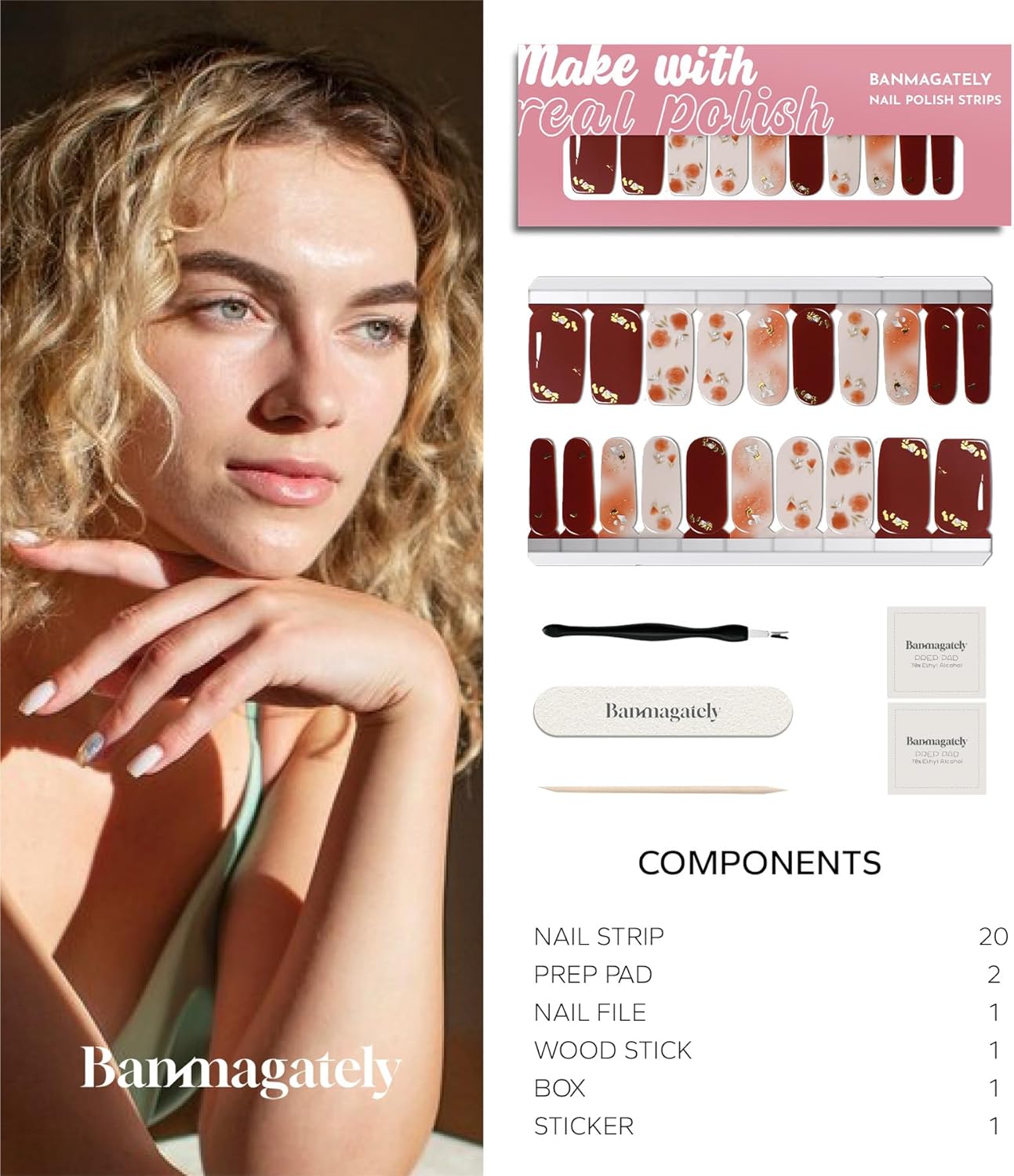 Nail Polish Strips, 20Pcs Salon Quality Gel Nail Stickers, Easy Long Lasting Wraps for Short Nails no UV Light Needed (Beautiful Roses)